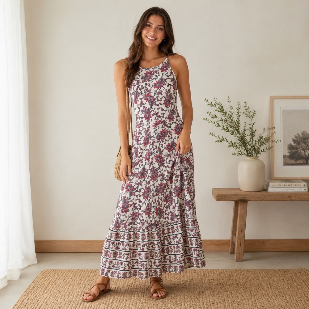 Chaps Red Blue Paisley Floral Cotton Halter Maxi Dress Tiered Hem Cottagecore L